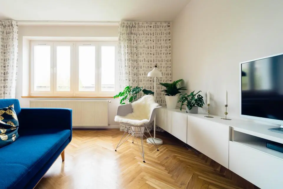Representative photo, not the actual home: Sunny living room with a blue sofa and timber floors
